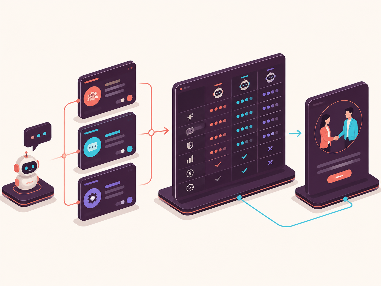 Workflow showing users choosing an AI chat intent, comparing partner apps, and continuing to a partner platform.